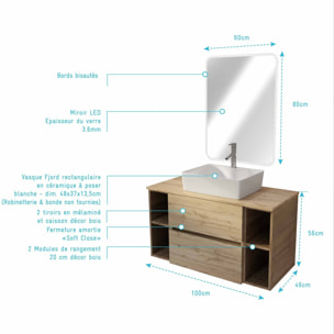 Meuble salle de bains 100 TIMBER Décor Chêne 2 Tiroirs Vasque Blanche Rectangulaire Miroir LED 60x80