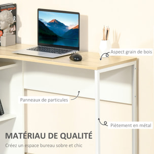 Bureau d'angle bureau informatique multimédia multi-rangement métal panneaux particules aspect chêne clair blanc