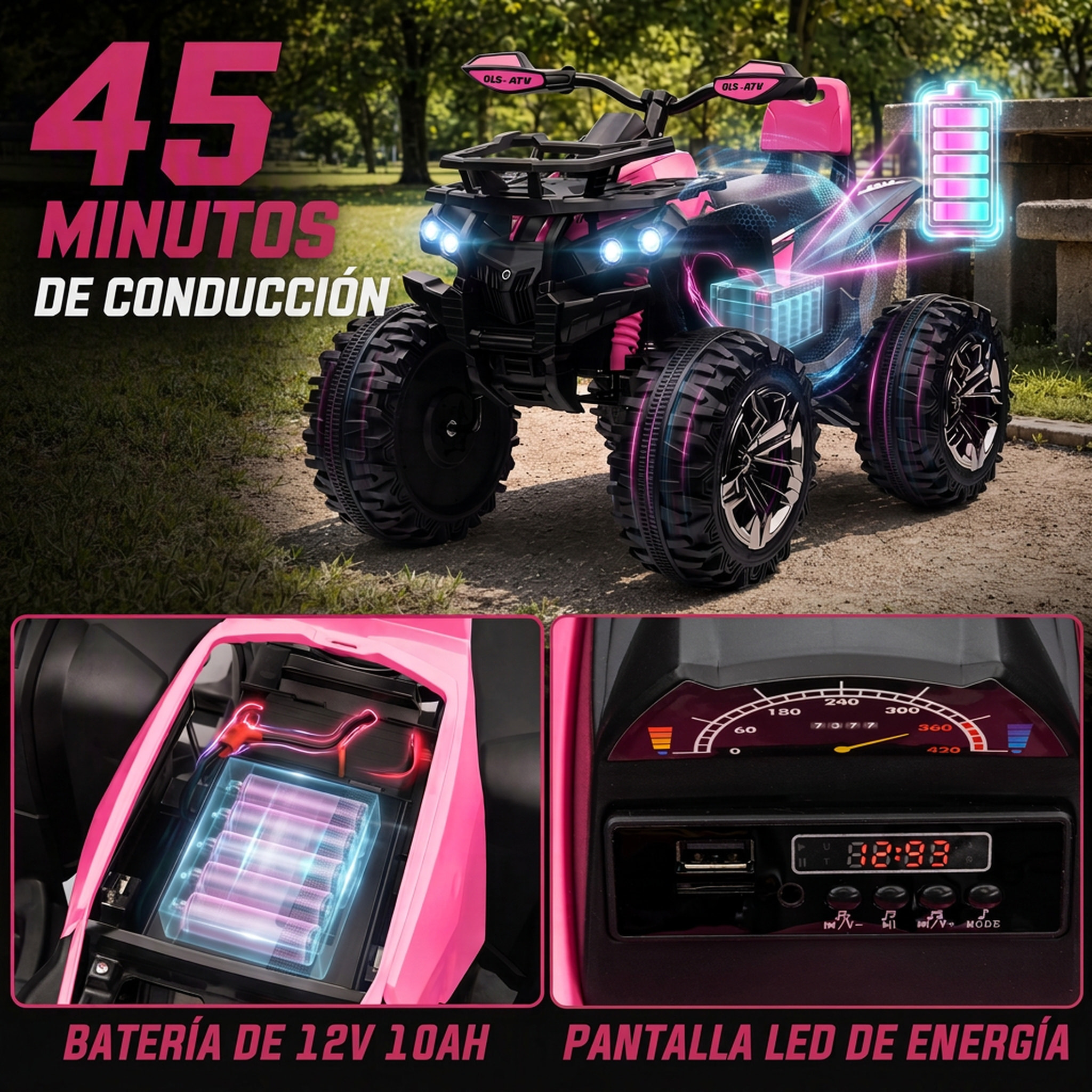 HOMCOM Quad Eléctrico para Niños 12V 10AH, Quad para Niños de 3–5 Años con 2 Motores, Suspensión, Arranque Suave, 3-8 km/h, Música, Faros LED, MP3, USB, Tarjeta TF, Pedal, Avance y Retroceso, Rosa