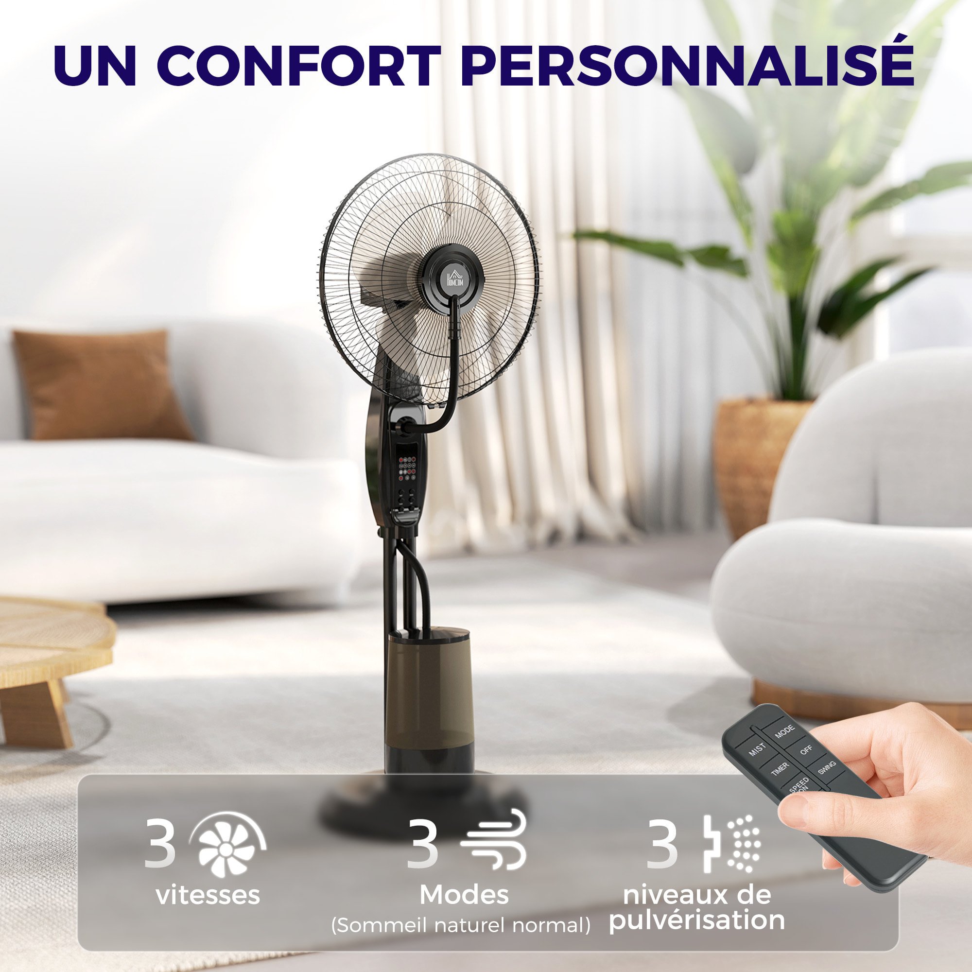 Ventilateur brumisateur oscillant inclinable 75W sur pied H.120 cm réservoir 3,2L avec télécommande noir