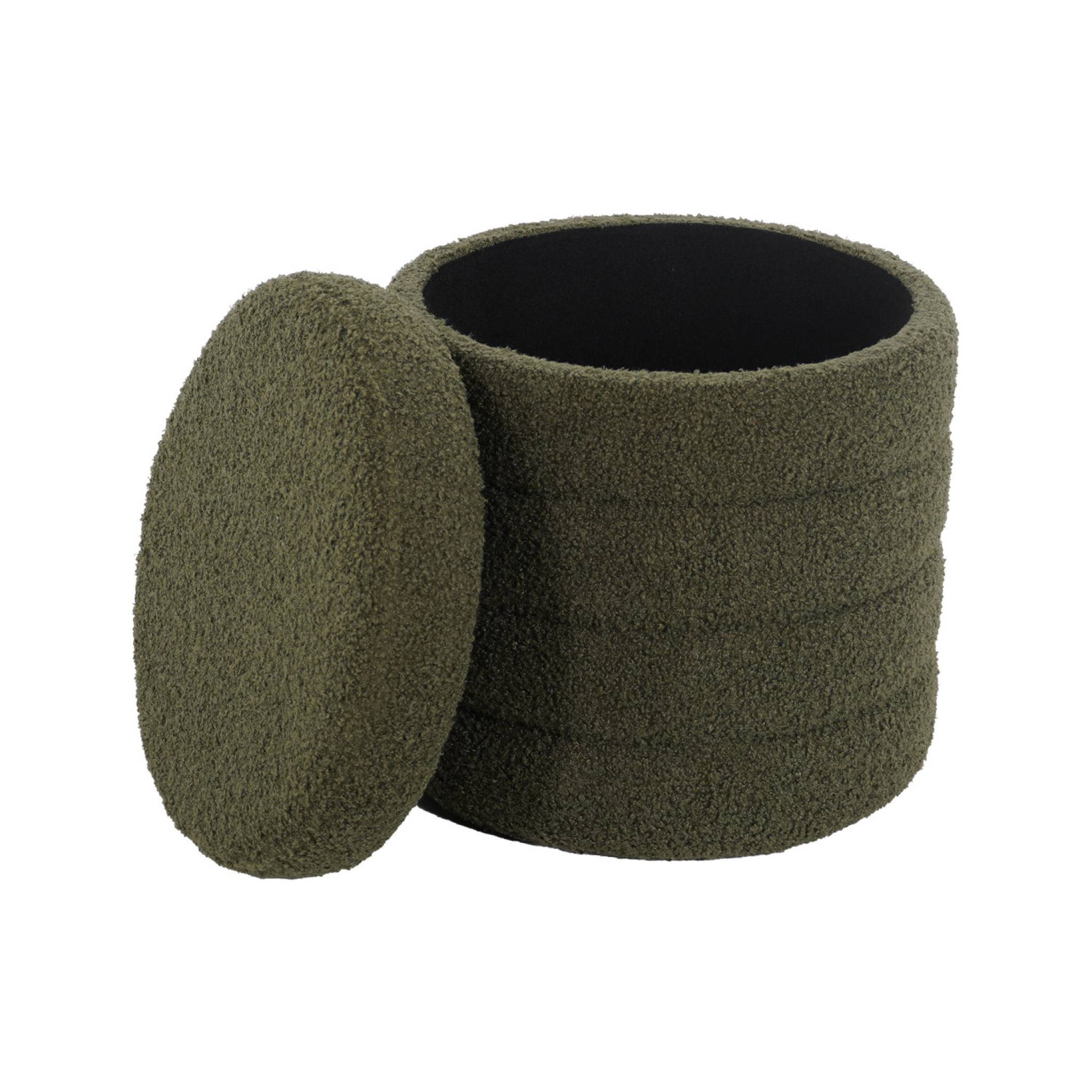 Tabouret en bouclettes kaki avec coffre de rangement intégré
