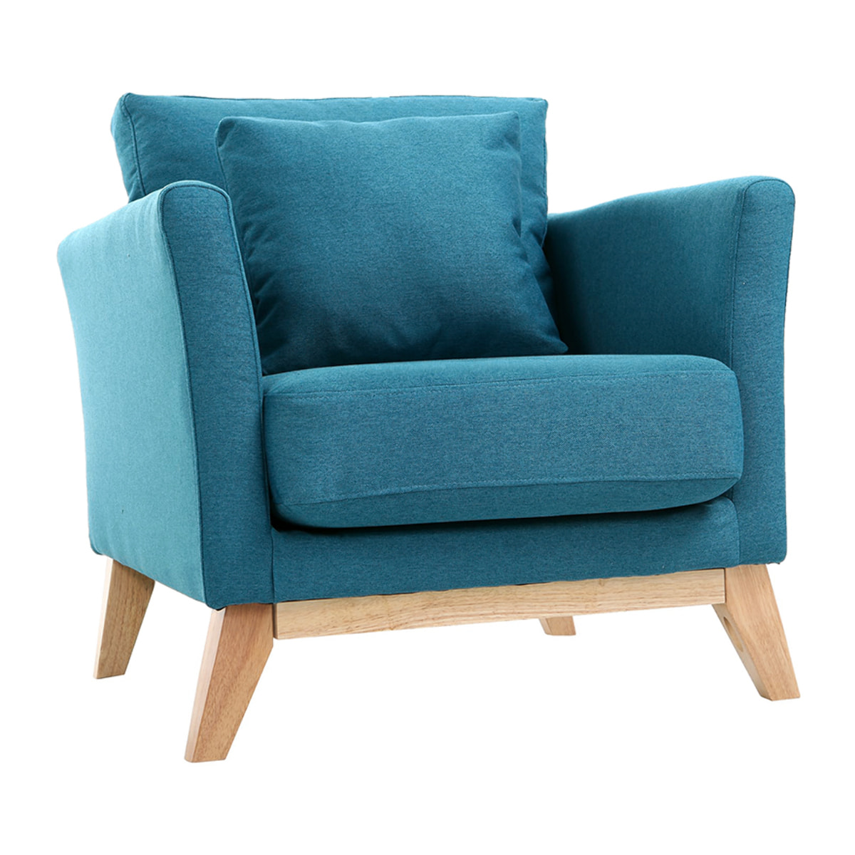 Fauteuil scandinave déhoussable en tissu bleu canard et bois clair OSLO