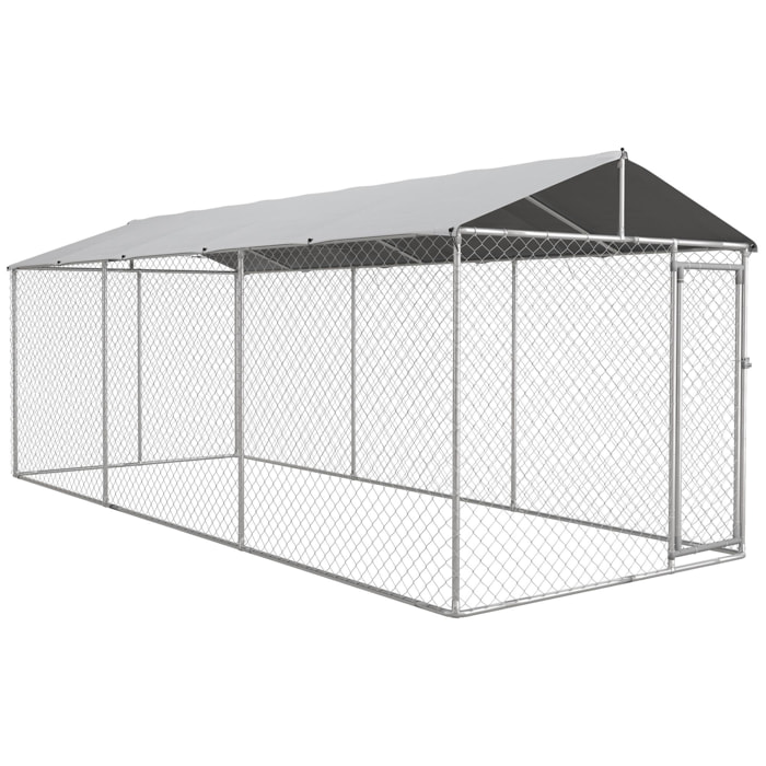 Perrera Jaula de Exterior para Perros Parque para Perros con 1 Puerta Marco de Acero Toldo Impermeable y Anti-UV 600x230x230 cm Plata