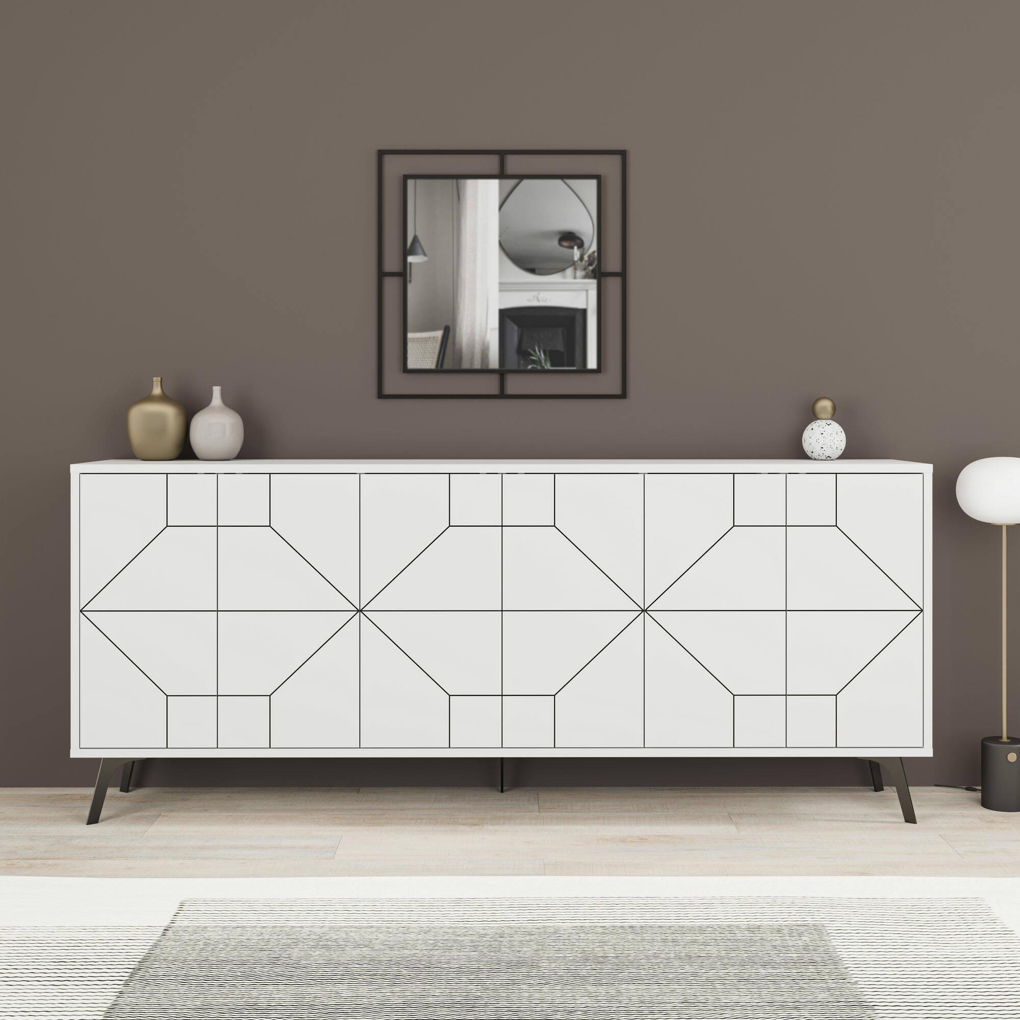 Credenza Dlabrocc, Buffet da soggiorno, Madia da salotto, Dispensa da cucina, 184x35h77 cm, Bianco