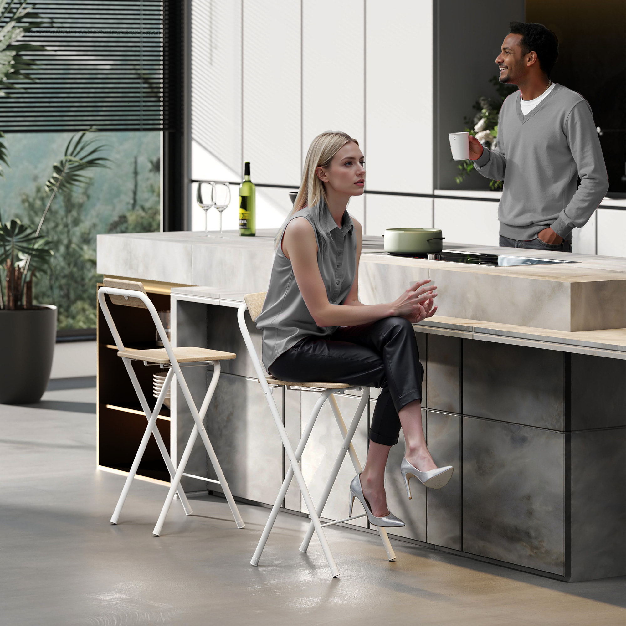 Juego de 2 Taburetes de Bar Plegables Taburetes Altos de Cocina con Respaldo Reposapiés y Marco de Acero para Comedor Mostrador Natural