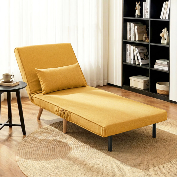 Sofá Cama Individual 3 en 1, Sillón Cama Plegable con Respaldo Ajustable en 5 Posiciones, Asiento Amplio, Almohada Acolchada, Patas de Madera, 72x75x85 cm, Amarillo
