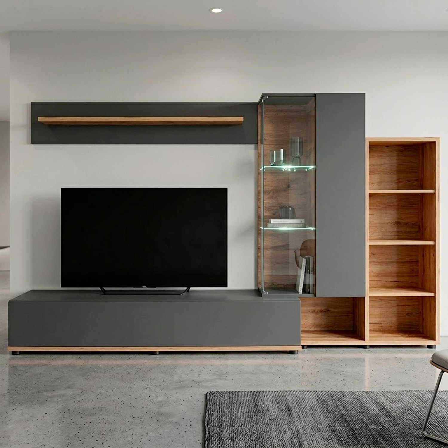 Parete Attrezzata Mobile TV Vetrina LED Living Mensola Vani Giorno Multifunzione Design Contemporaneo Arredo Casa 240 x 40 x 145 Cm Antracite Rovere