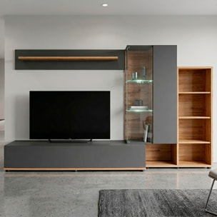 Parete Attrezzata Mobile TV Vetrina LED Living Mensola Vani Giorno Multifunzione Design Contemporaneo Arredo Casa 240 x 40 x 145 Cm Antracite Rovere