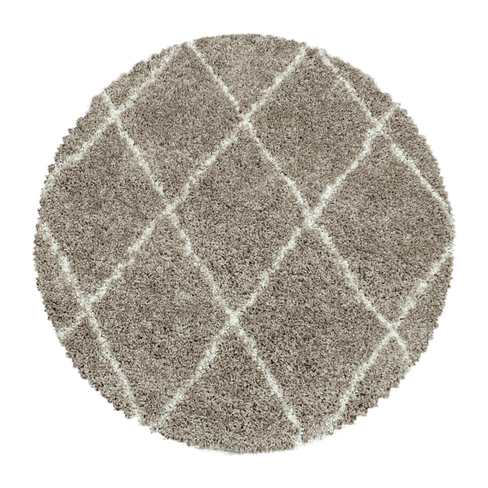 ALVOR - Tapis shaggy rond à poils longs motif berbère beige