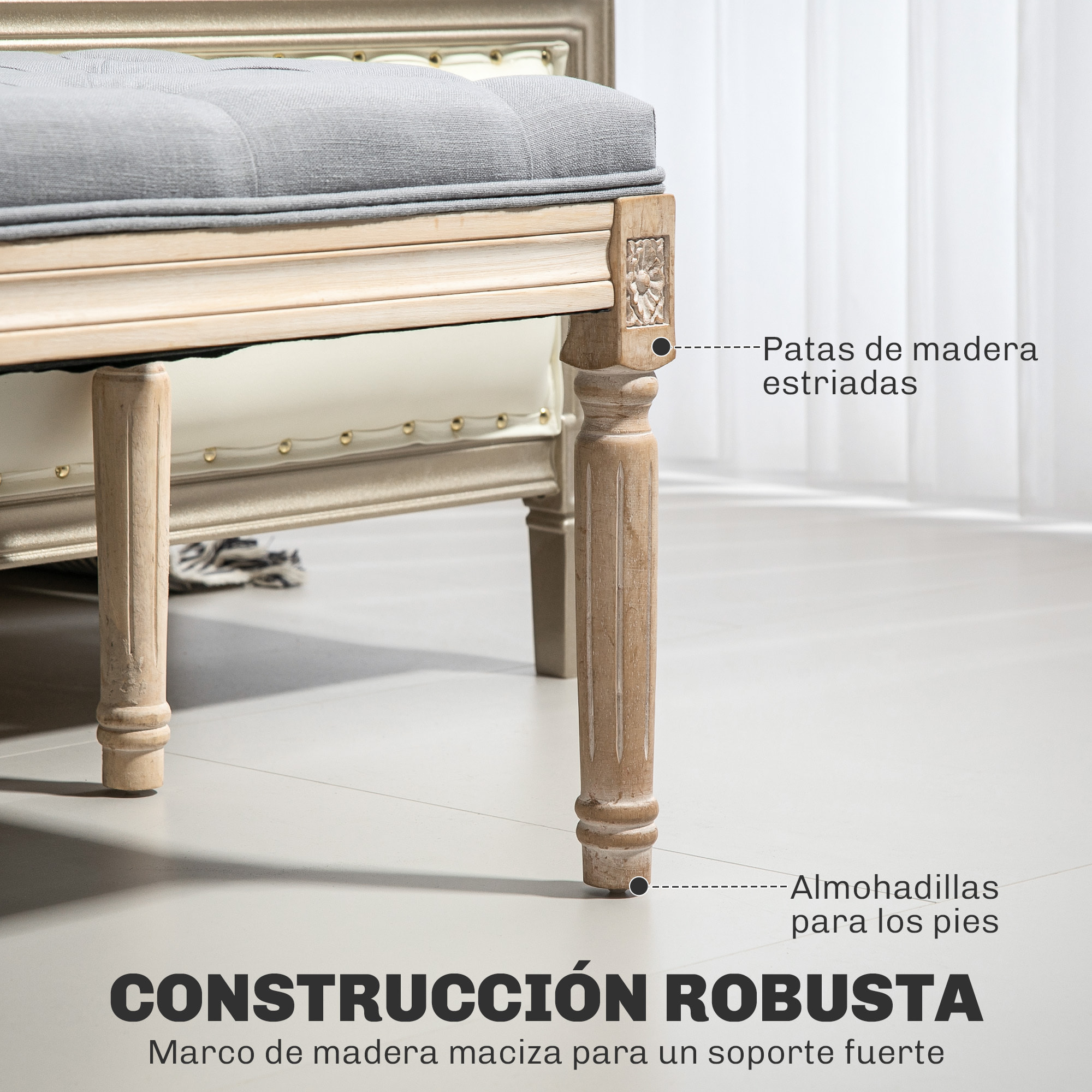 Banco Pie de Cama, Taburete Pie de Cama Tapizado en Lino Sintético con Patas de Madera y Asiento Acolchado, Estilo Vintage, Banco para Dormitorio, Entrada, Pasillo, Gris Claro