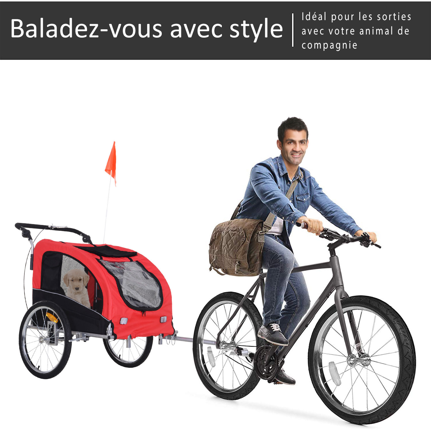 Remorque vélo jogger 2 en 1 pour animaux drapeau roue avant pivotante réflecteurs et barre d'attelage inclus rouge noir