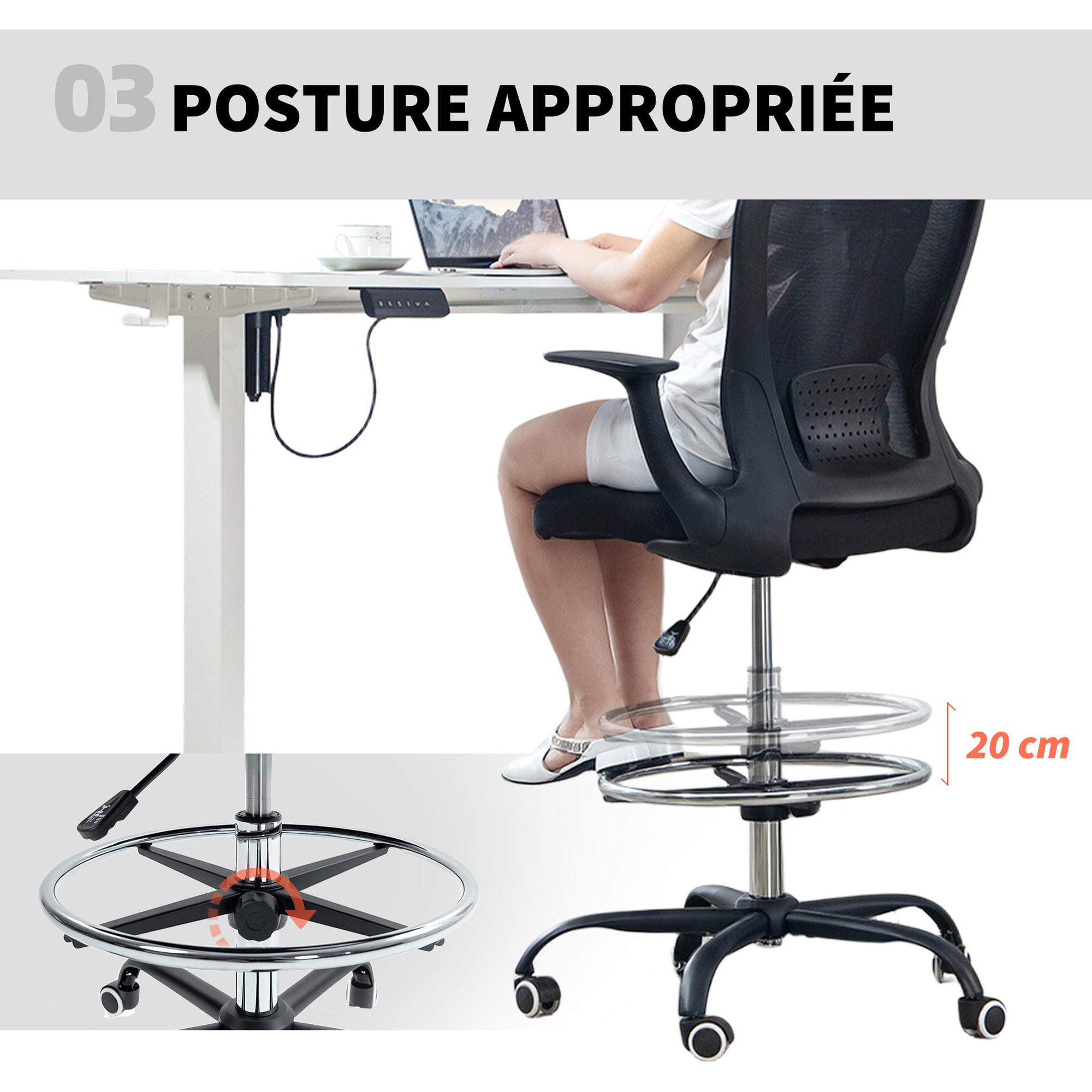Chaise bureau ergonomique assise haute réglable 54-74cm pivotant 360° accoudoirs relevables maille respirante noir