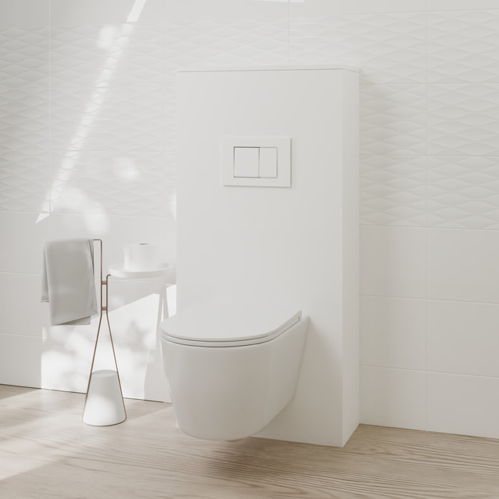 Pack Wc Suspendu + Châssis + Boîtier de Support Blanc | Toilette Blanc Brillant | Bouton Blanc | Réservoir Encastré | Couvercle Amorti | Alday