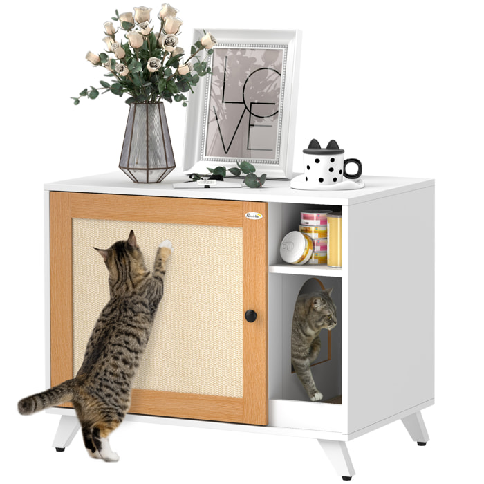 Mueble Arenero para Gatos Caja de Arena para Gatos con Puerta con Almohadilla para Rascar y Compartimento Arenero para Gatos para Salón Dormitorio 77x50x63 cm Blanco