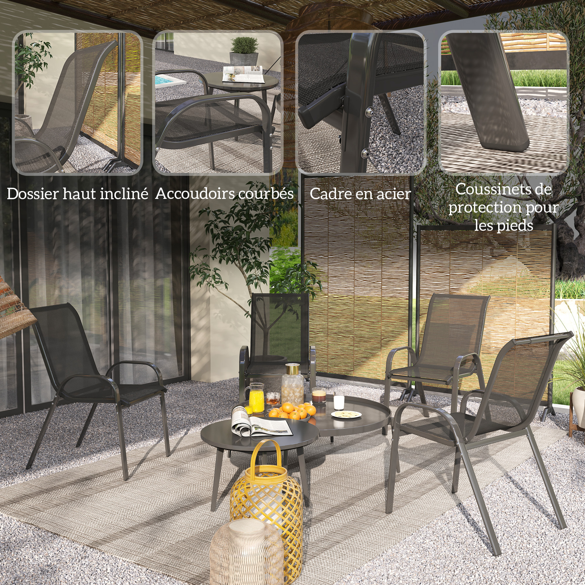 Lot de 4 chaises de jardin empilables - assise ergonomique, haut dossier, accoudoirs - acier textilène noir