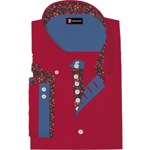Camicia Uomo Manica Corta 2 Bottoni Button Down 7 Botto Popeline Stretch Unito Rosso