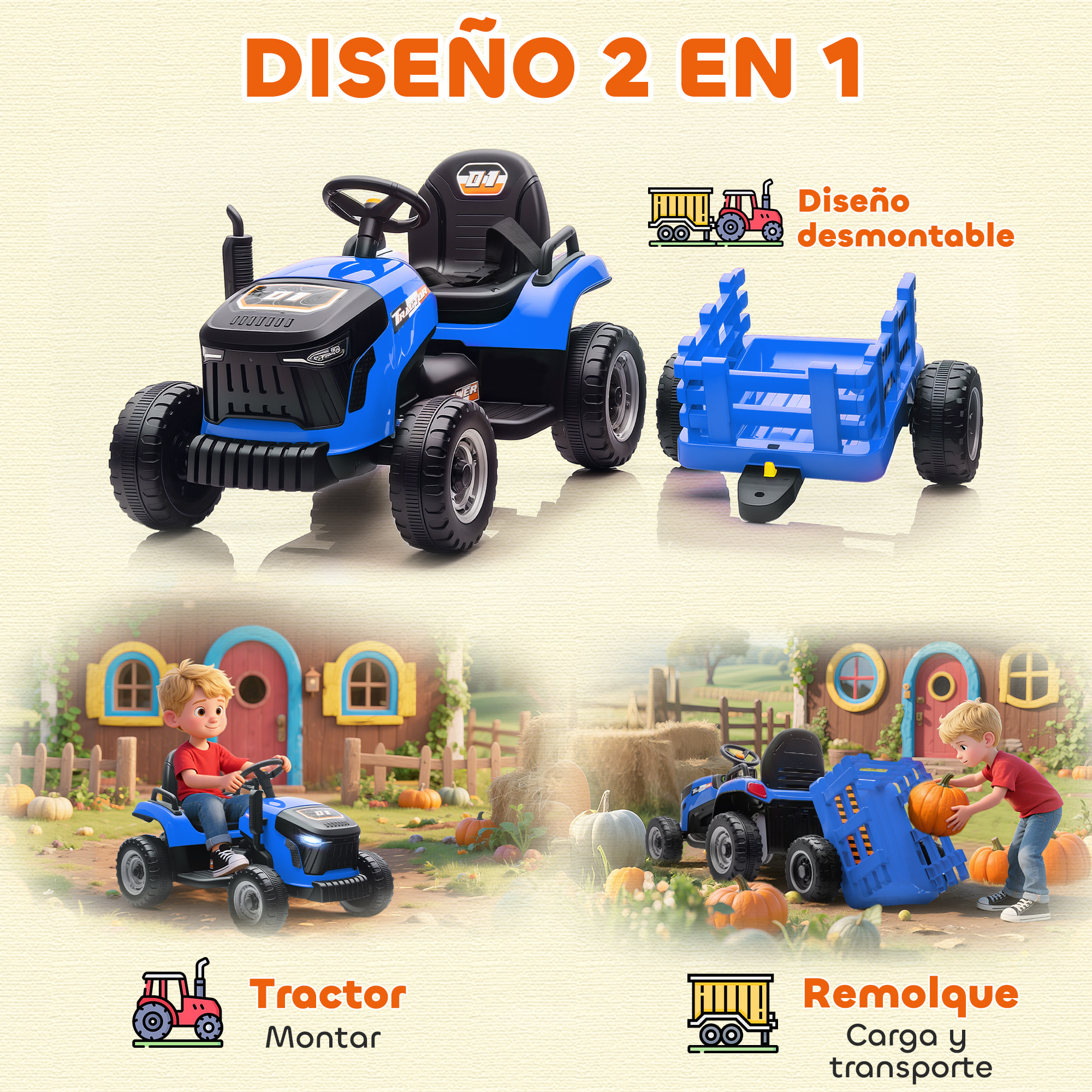 Tractor Eléctrico para Niños con Remolque Desmontable, Tractor de Juguete de Batería 12V, Velocidad 3-5 km/h, Control Remoto 2,4G, Música, Bocina, para Niños de 3-8 Años, Azul