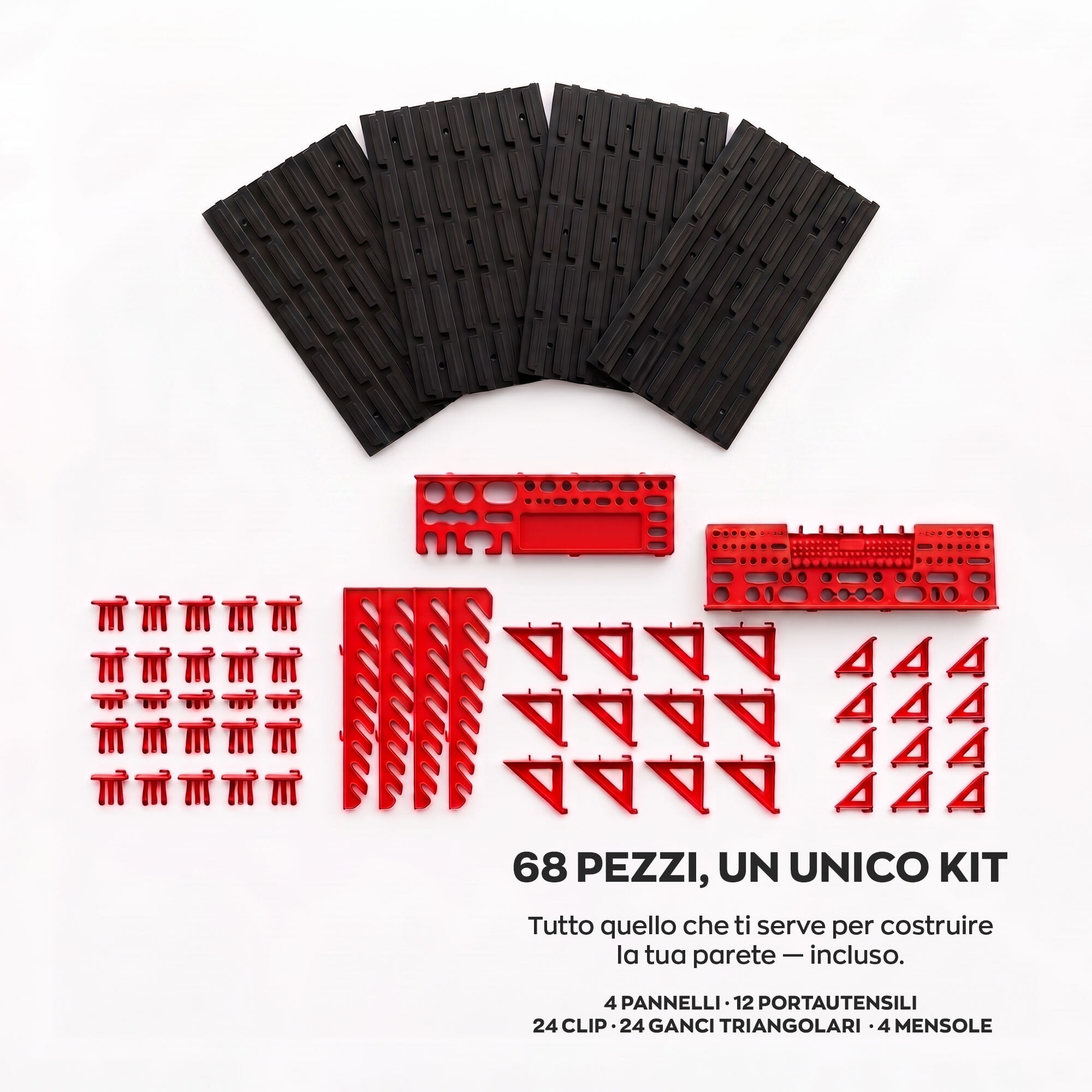 Peg Medium - 4 Pannelli Forati Portautensili da Officina 68 Pezzi Porta attrezzi Portaoggetti da Parete in Metallo Nero