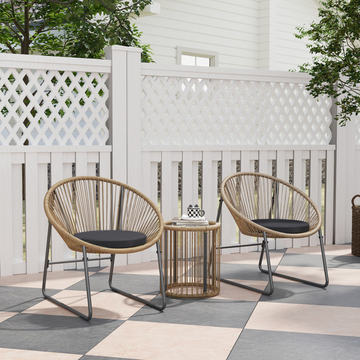 Conjunto de Jardín Exterior de 3 Piezas Juego de 2 Sillas y Mesa de Ratán con Cojines Acolchados y Encimera de Vidrio Templado para Balcón Terraza Natural