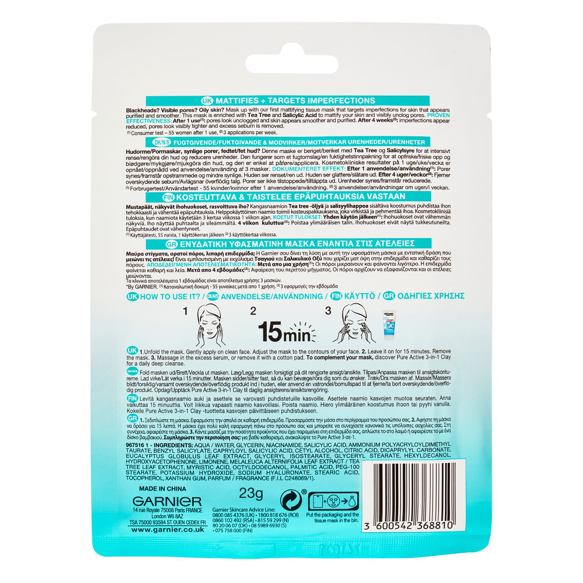 4x Maschera Viso in Tessuto Anti-Imperfezioni e Opacizzante SkinActive Pure Active