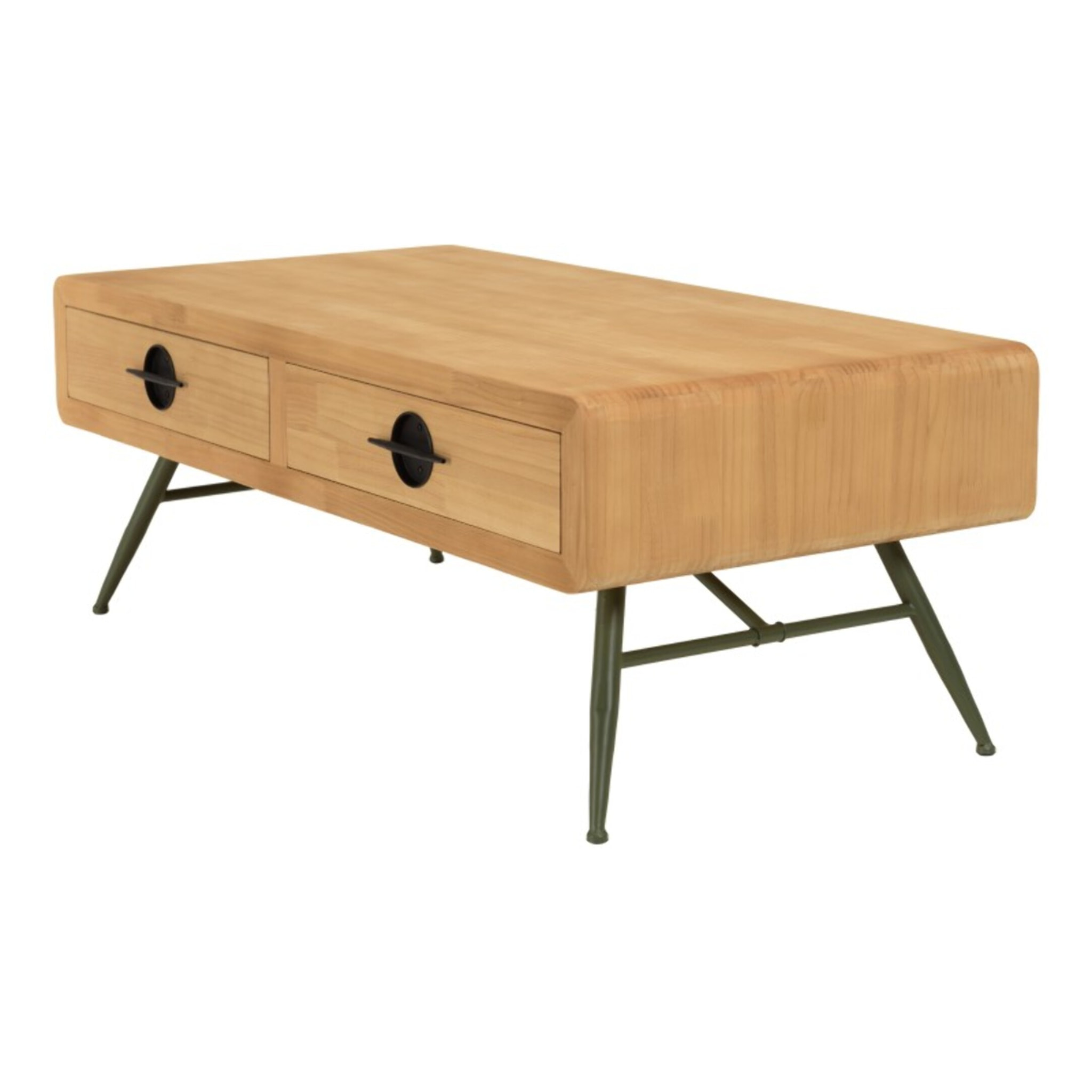 HELENA - Table basse 2 tiroirs pin couleur naturelle pieds métal vert