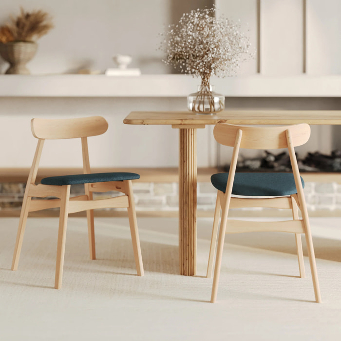 Lot de 2 chaises en tissu bleu et bois d'hévéa - Lisette