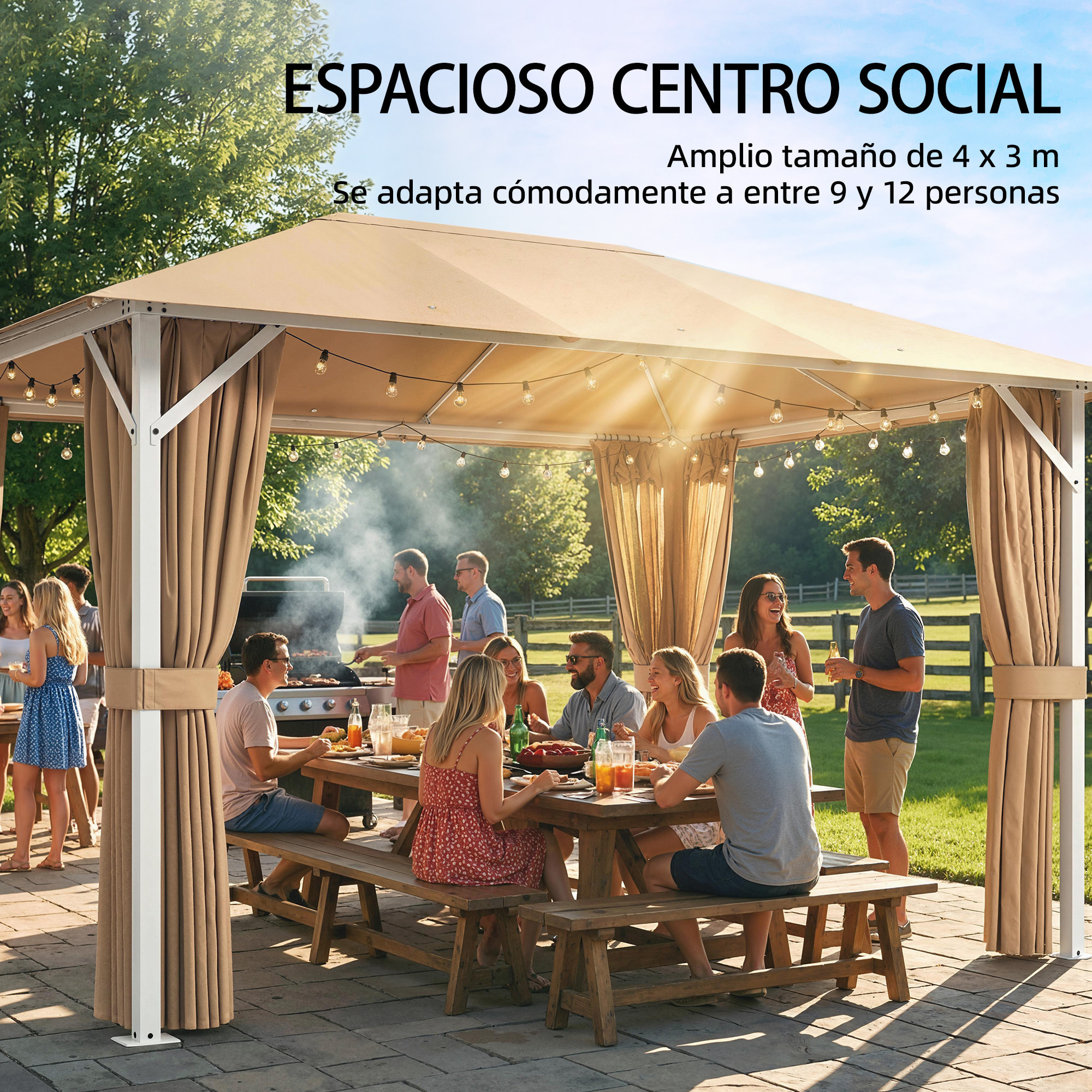 para Jardín 3x4 m, Pabellón de Jardín Gazebo con Techo Ventilado, 4 Paredes Laterales y 4 Mosquiteras, UPF50+, Estructura de Metal, Carpa para Exterior, Terraza, Patio, Caqui