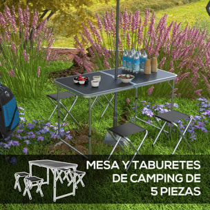 Conjunto de Camping de 5 Piezas Mesa para Camping Plegable con Sillas Incluye 1 Mesa Ajuatsble en Altura con Orificio para Sombrilla 120x60x55-70 cm y 4 Taburetes Plegables Negro