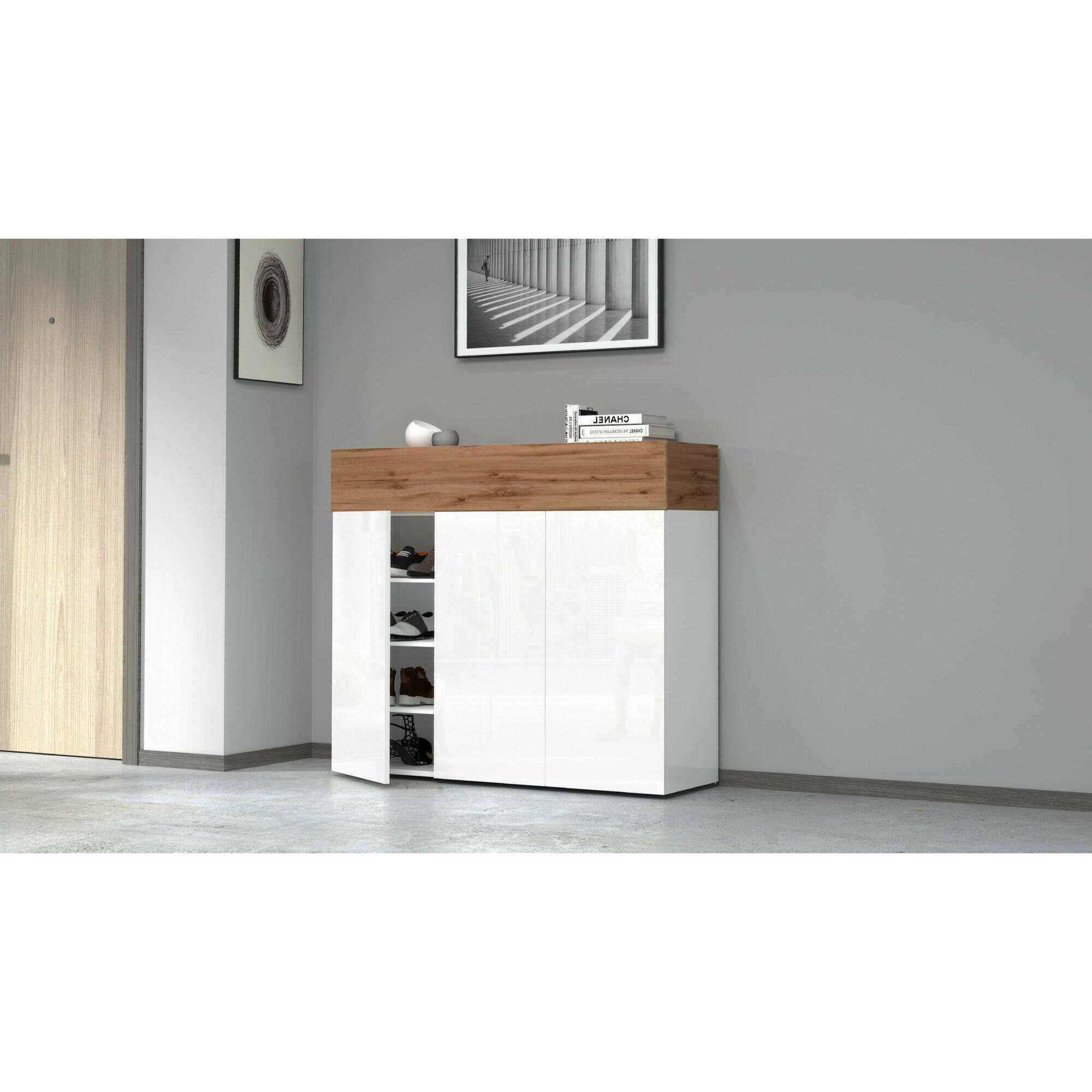 Scarpiera Griselda, Porta scarpe salvaspazio a 4 ante, Armadio multifunzione da ingresso, 114x38h100 cm, Bianco e Rovere