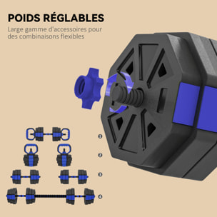 Ensemble d'haltères musculation multifonction 4 en 1 - haltères, kettlebell, push-up support, Olympic barre - total 25Kg - PVC bleu noir