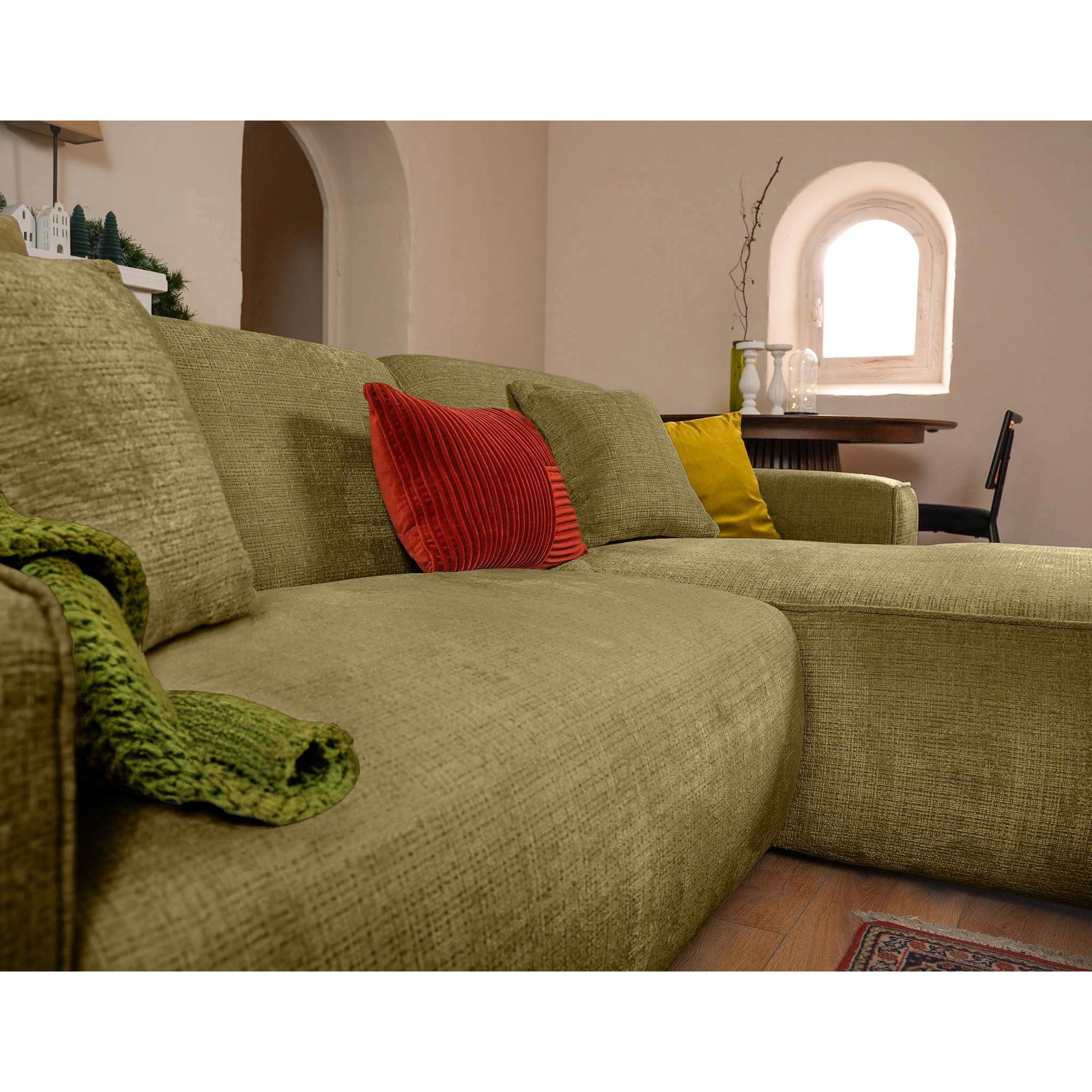 Lison - Canapé d'angle droit 4 places en velours texturé - Vert Kaki