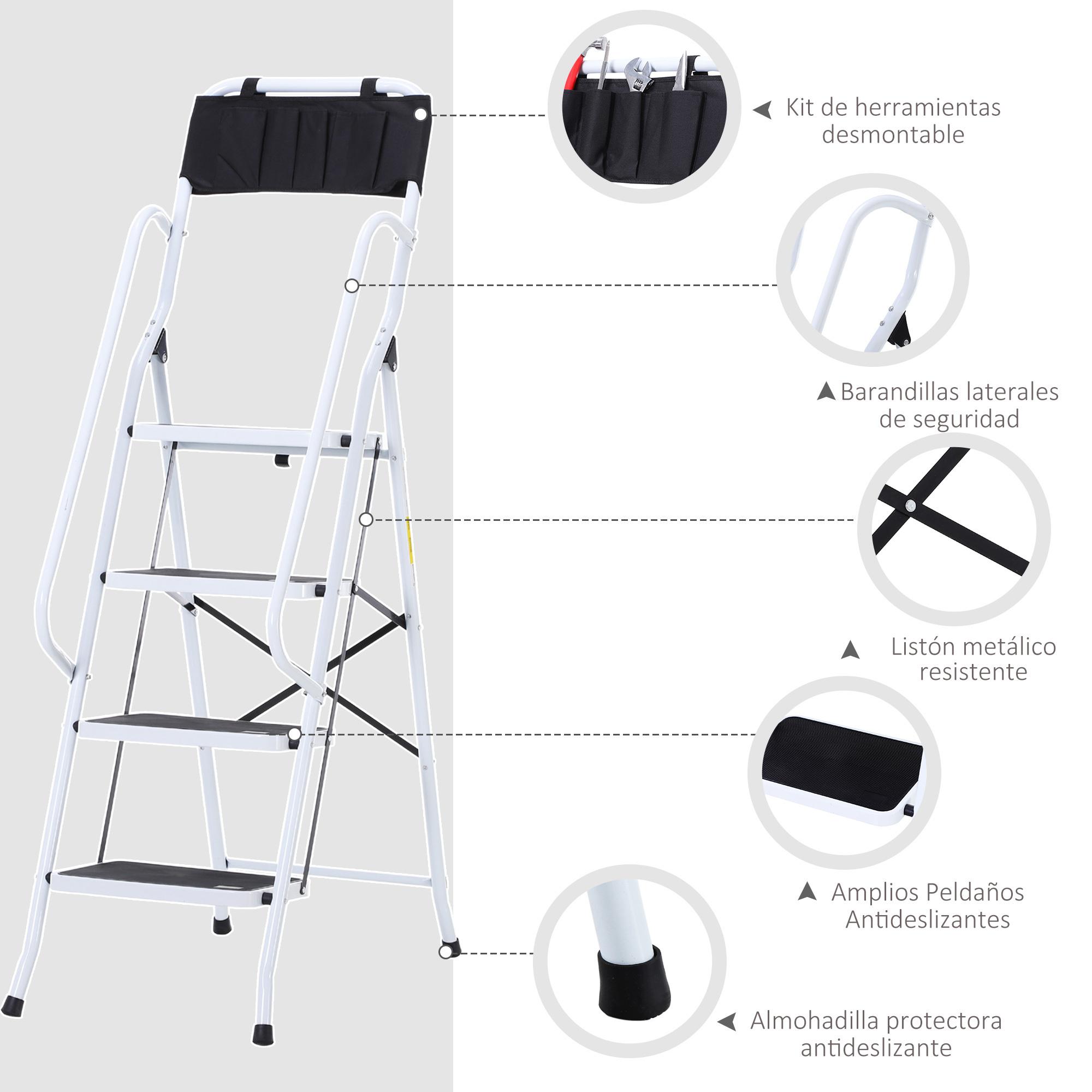 Escalera Plegable de 4 Peldaños Escalera de Tijera de Metal con Apoyabrazos y Portaherramientas Carga 150 kg 50x83x155 cm Blanco y Negro