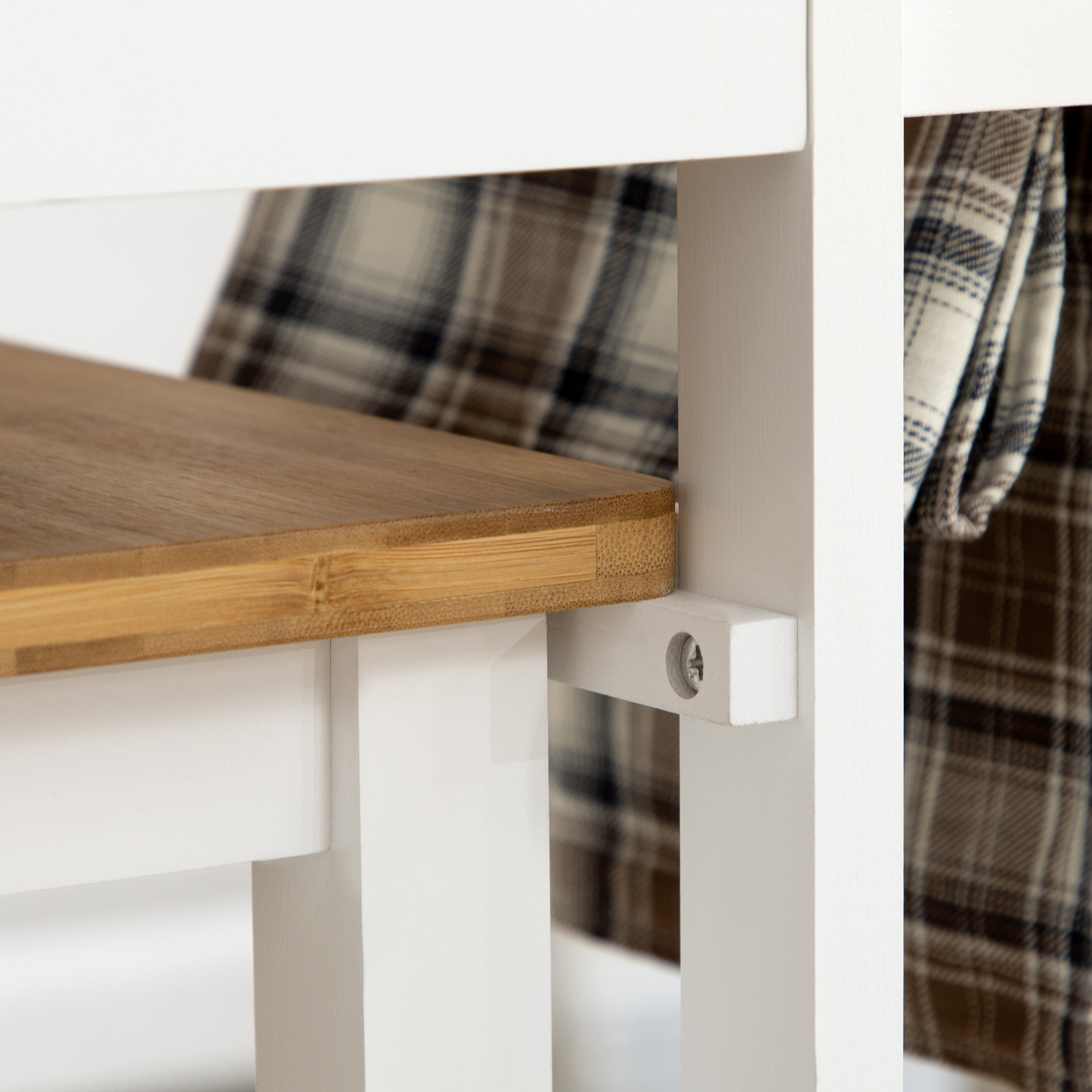 Juego de Mesa Alta de Bar y 2 Taburetes, Mesa Alta de Cocina de Bambú con Ruedas, Tablero Plegable, Ahorro Espacio, Cajones, Toalleros y Reposapiés, Natural y Blanco