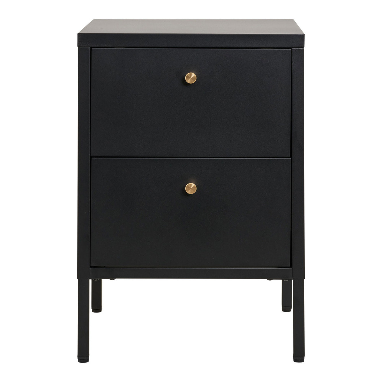 Comodino Dalby a 2 cassetti in acciaio nero con pomelli ottone 40×40×60 cm