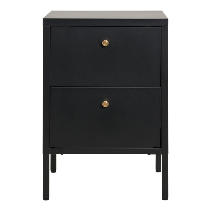 Comodino Dalby a 2 cassetti in acciaio nero con pomelli ottone 40×40×60 cm