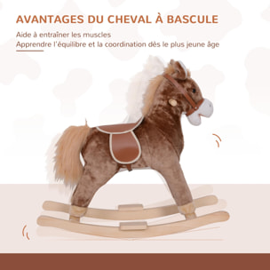 Cheval à bascule cheval de cowboy selle grand confort peluche courte douce bois peuplier marron