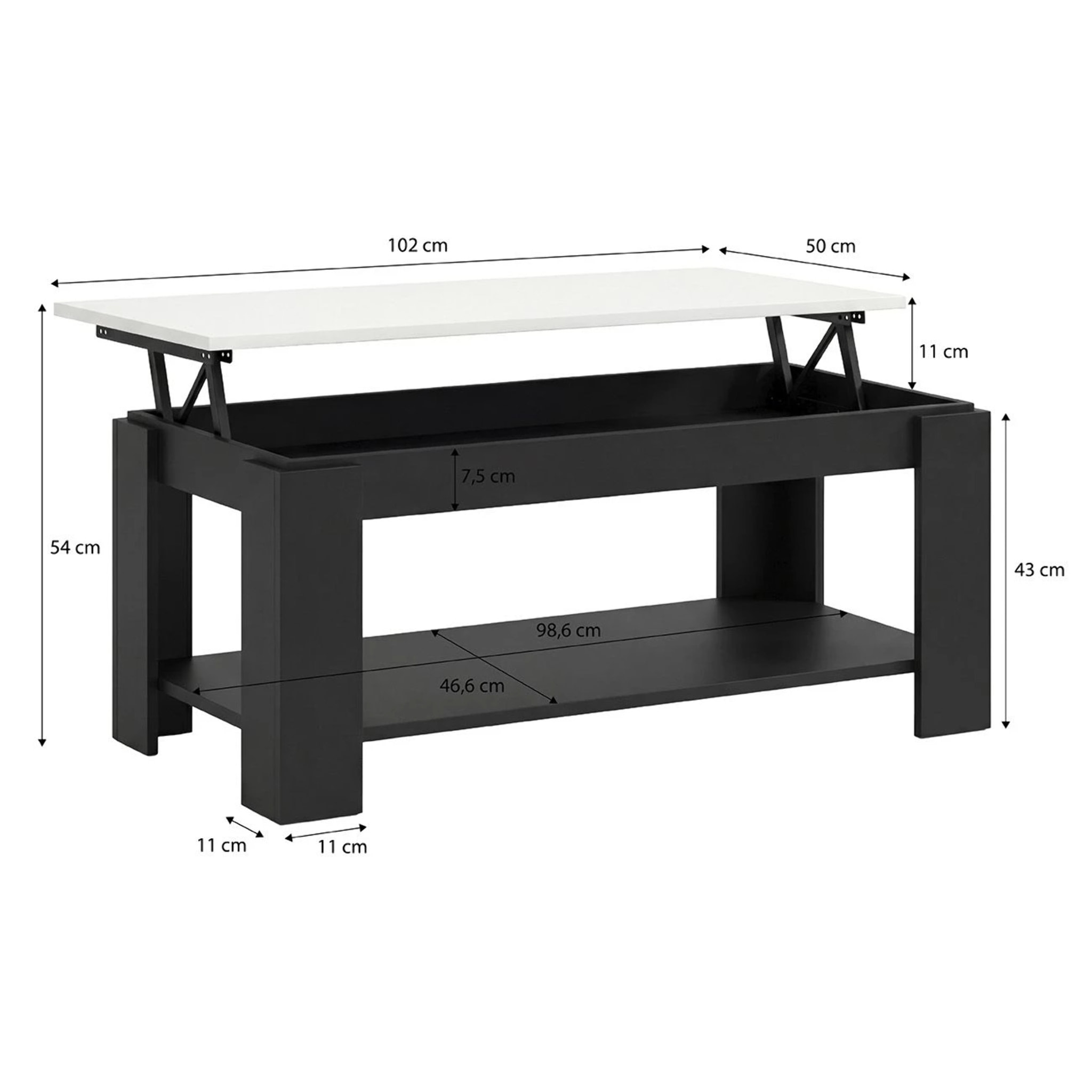 Mesa de centro elevable con almacenaje en negro mate y blanco artik 102x43-54 cm Lya Negro Mate - Blanco Artik
