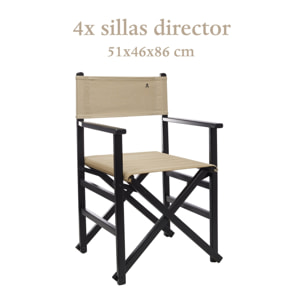 Set de 4 sillones director plegables estructura color wengué y lona color piedra