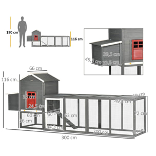 Gallinero para Exterior Grande de Madera, 300x66x116 cm, para 3-6 Gallinas, Gallinero con Nido, Corral, Bandeja Extraíble, Techo Asfáltico, Rampa, Puerta con Cerradura, Conejera, Gris