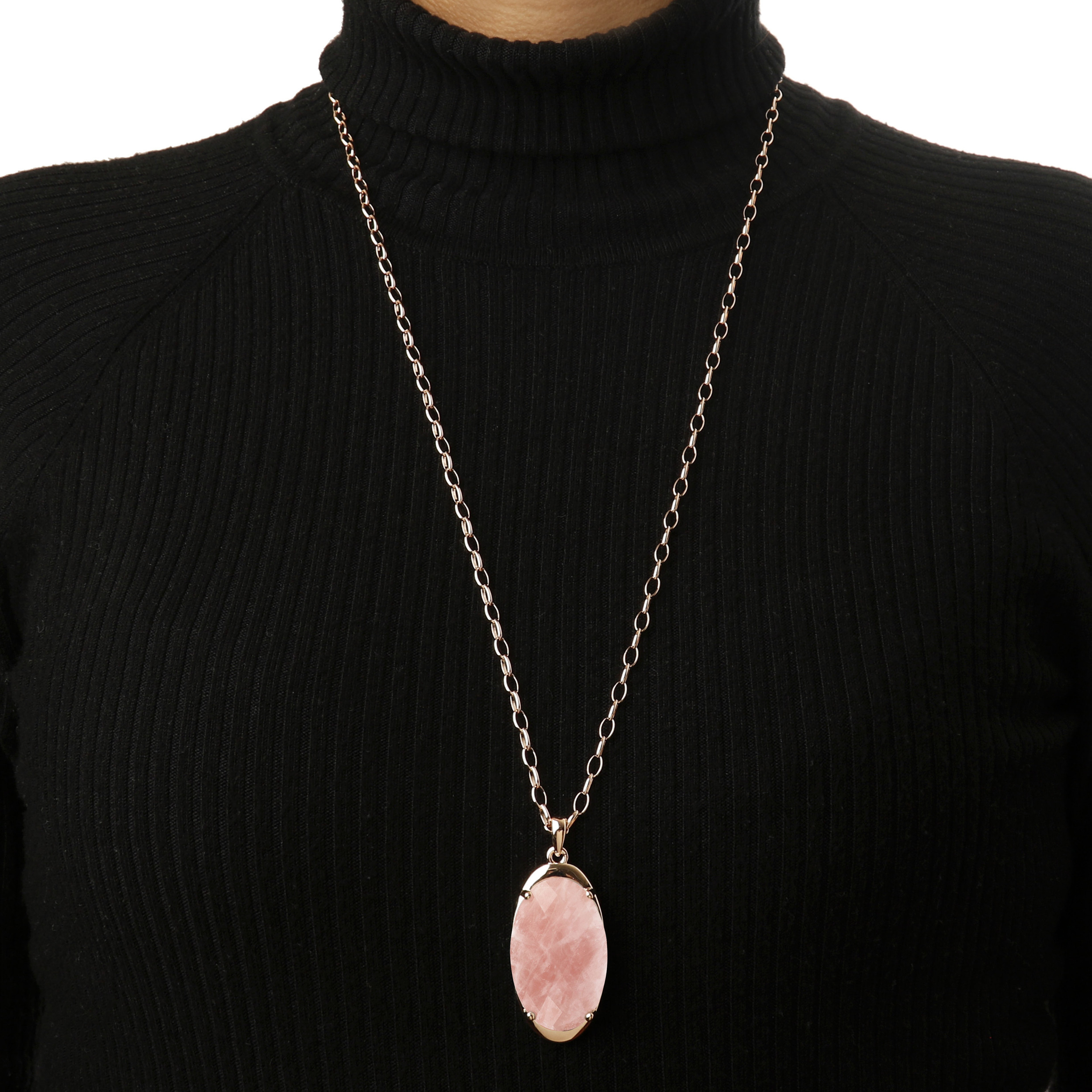 Collana Lunga Catena Rolo con Pendente in Pietra Naturale Ovale Quarzo Rosa