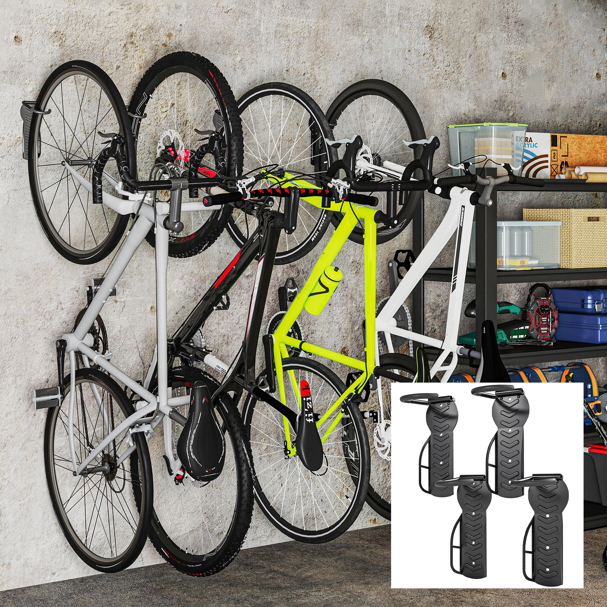 Soportes de Pared para Bicicletas de 4 Piezas, Gancho para Colgar Bicicleta Plegable hasta 30 kg, Portabicicletas de Almacenamiento Vertical con Tornillos, para Casa, Garaje y Sótano, Negro