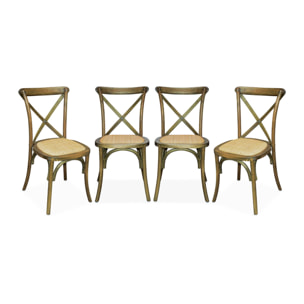 Lot de 4 chaises de bistrot en bois d'hévéa marron vieilli. vintage. assise en rotin. empilables