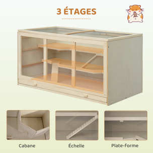 Cage pour hamster 2 étages dim. 115x57x55cm toit ouvrable fenêtres cabane 2 échelles plateau déjection bois