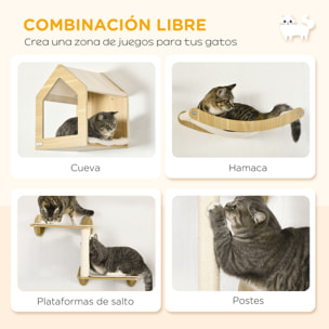 Conjunto para Gatos Juego de Casa para Gatos de 2 Niveles con Cama Superior Cojines Lavables y Estantes para Gatos 3 Piezas de Pared con Hamaca 35x35x81 cm Roble