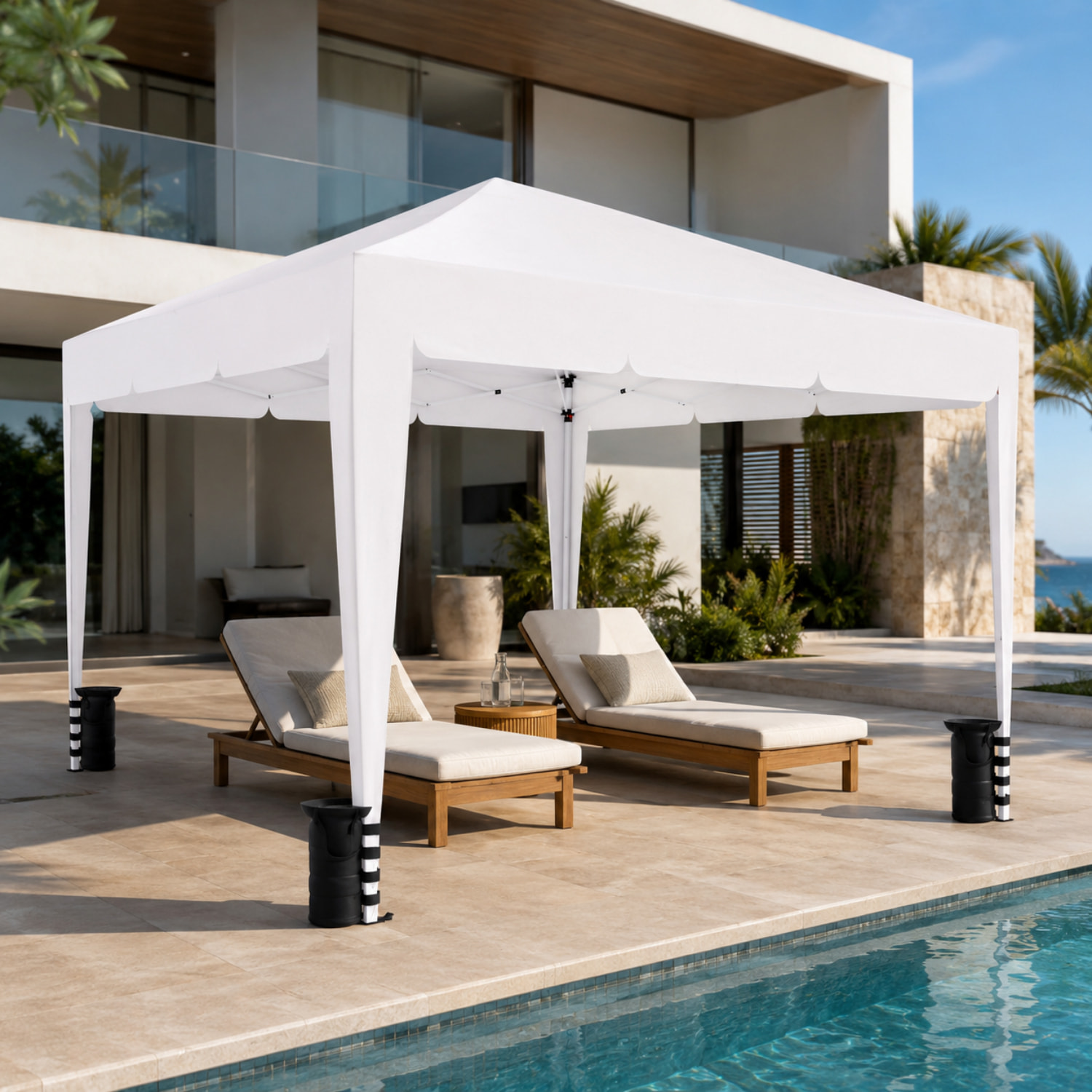 Gazebo Pieghevole Impermeabile 3 x 3 M Da Giardino Con 4 Sacche Pesi Sacca Trasporto Chiusura Fisarmonica Struttura Acciaio Copertura 160 gr/m² Bianco