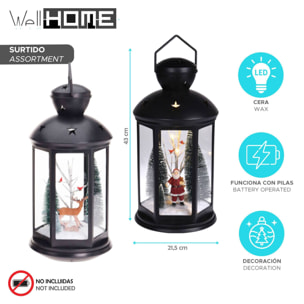 Farol decorativo navideño con escena interior y led blanco cálido 21,5x21,5x43cm