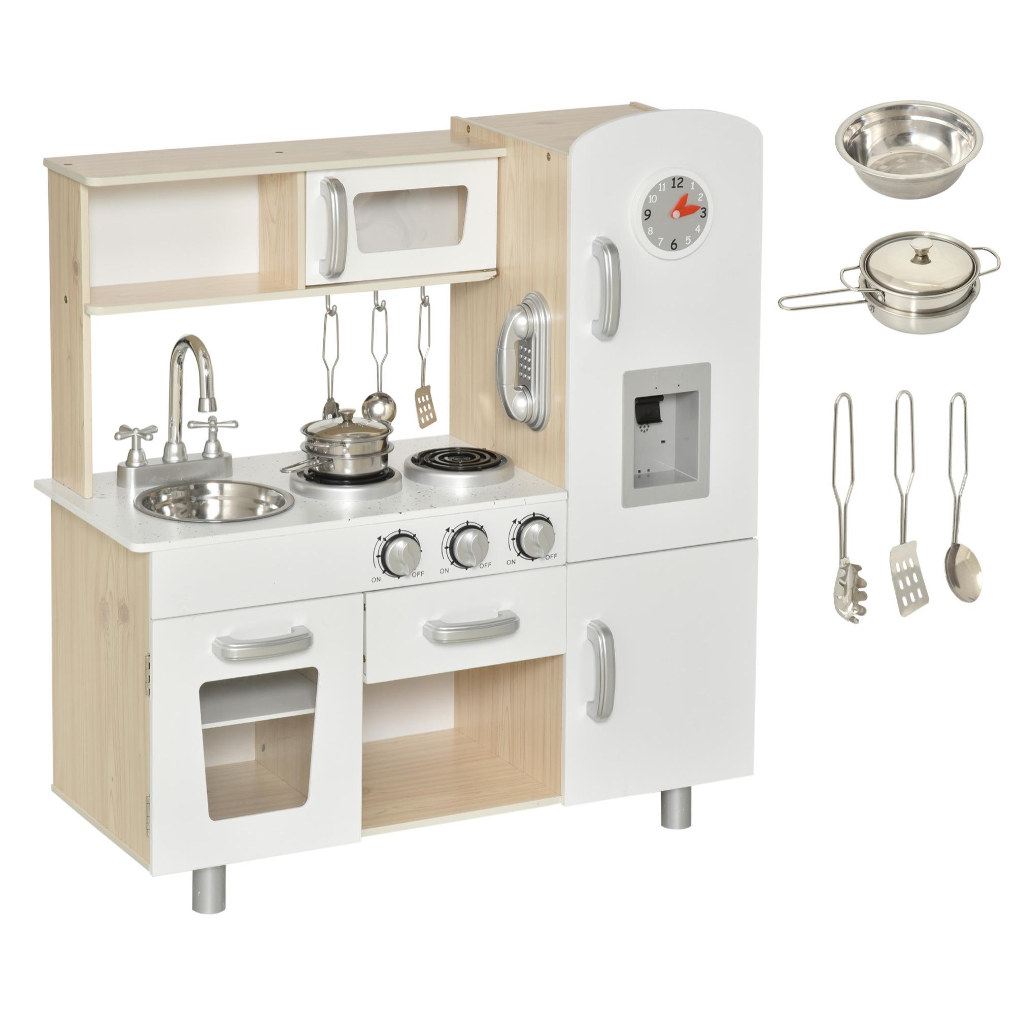 Cocina de Juguete de Madera con Fregadero Cocina de Inducción y Microondas Simulados con Accesorios Incluidos Cocina Infantil para +3 Años 74x30x81 cm Blanco