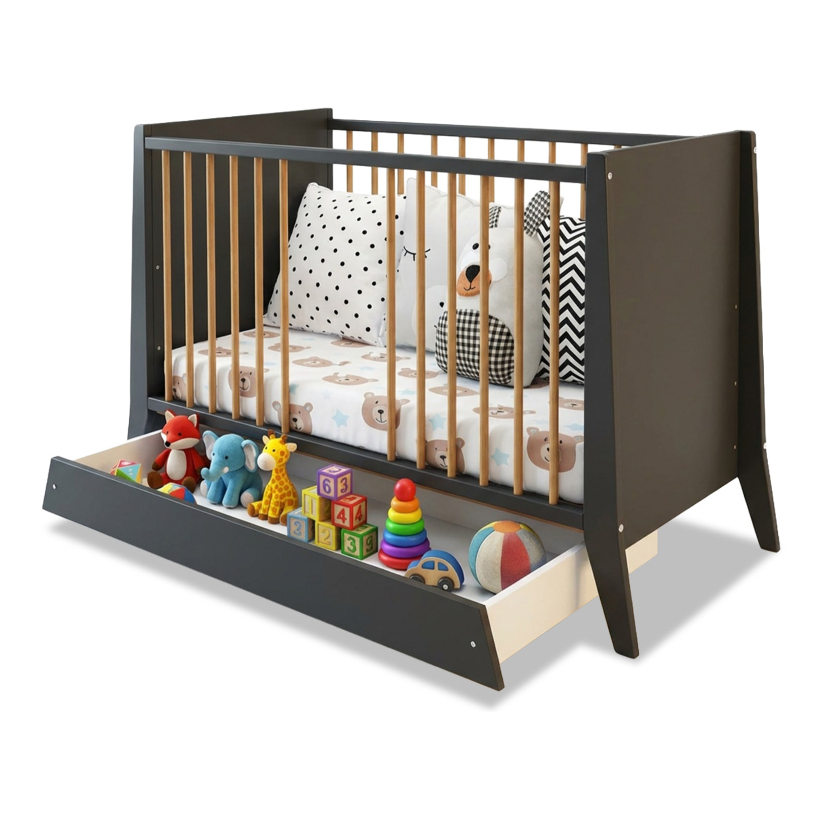 Lit Evolutif Timéo à barreaux 60 x 120 cm, Gris & Bois, En Bois, 3 Hauteurs, Tiroir intégré, Barreaux amovibles