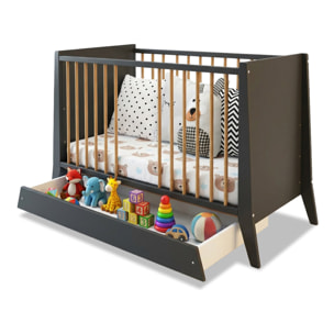 Lit Evolutif Timéo à barreaux 60 x 120 cm, Gris & Bois, En Bois, 3 Hauteurs, Tiroir intégré, Barreaux amovibles