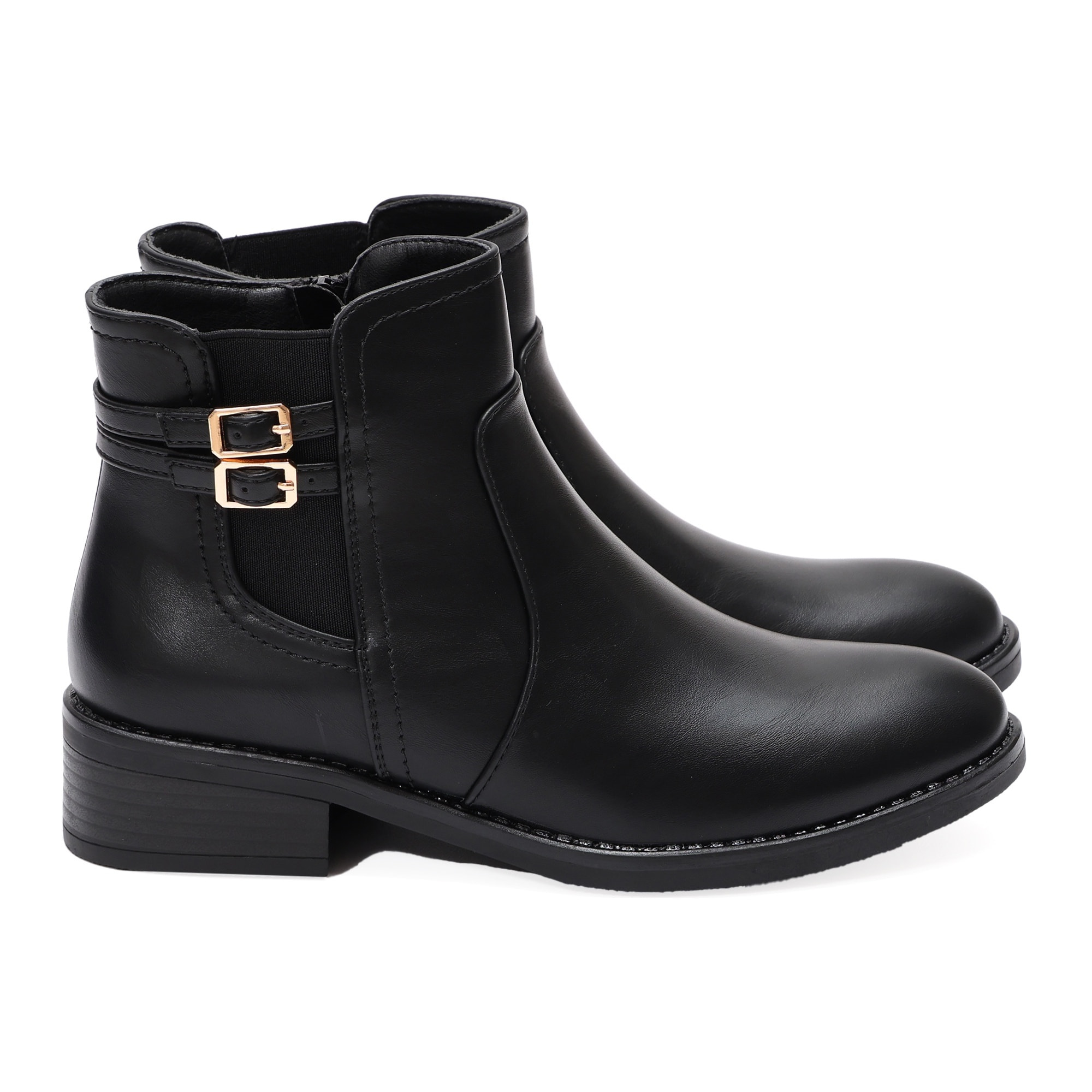 Stivaletti in simil pelle con fibbia dorata e elastico laterale